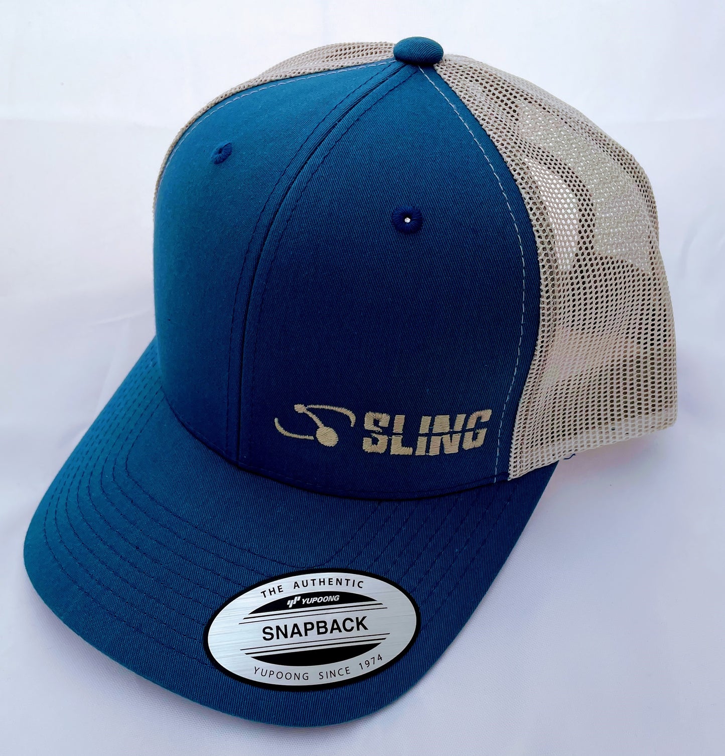 SlingSet trucker hat - blue with light tan logo
