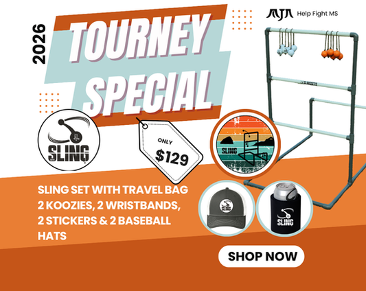 Advertisement for a 'Tourney Special' slinging set with travel bag, koozies, wristbands, stickers, and baseball hats on an orange and white background.
